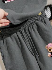 Tween Girls Summer Cute Family Matching Grey Raglan Sleeve T-Shirt & Shorts Set,Cool Bear Print Loose Short Sleeve Top,Pockets Casual Daily Wear - Multicolor - View 3