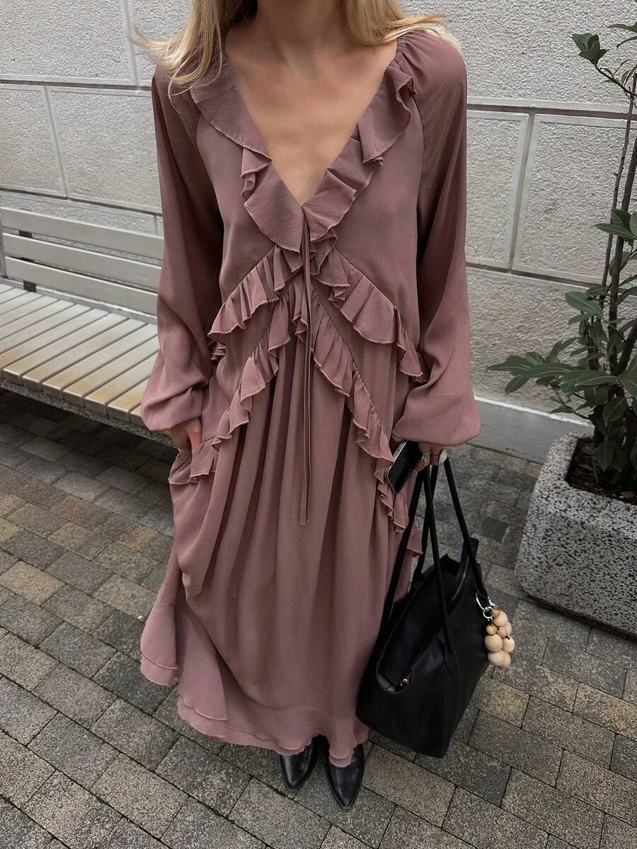 Livesso 春季荷叶边袖休闲宽松中长连衣裙,优雅适合伴娘、婚礼宾客、派对、度假等场合。 - 淺灰紫 - 查看 1