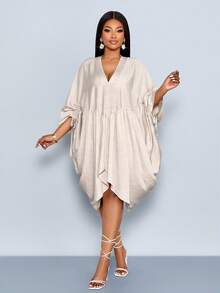 SOLERSUN Nouvelle arrivée printemps/été grande taille, tissu similaire au lin, peau-friendly et respirant, col V, col montant, manches chauve-souris, design taille haute avec cordon de serrage, robe courte plissée en forme de cocon fendu. Convient pour les dîners, les rendez-vous, les soirées cocktail, les fêtes de remise des diplômes, la Saint-Valentin, la saison des mariages, les tenues d'invités, les vacances décontractées élégantes, le carnaval, les festivals de musique, vêtements féminins sexy et . - Nude - Voir 7
