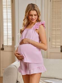 SHEIN Conjunto de 2 piezas de camiseta de maternidad con tirantes con volantes y pantalones cortos con cintura ajustable - Rosa - Ver 4