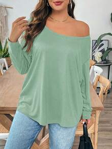 SHEIN Essnce 大码女式秋冬休闲舒适宽松长袖T恤上衣，服装，秋季，不对称上衣，女式带袖上衣，秋季，可爱上衣，宽松上衣 - 薄荷綠 - 查看 4