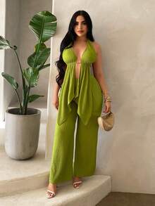 SHEIN SXY 女款橄欖綠兩件套，掛脖露背荷葉邊上衣與寬腿褲，夏季休閒海灘度假度假穿搭，大尺碼 - 橄欖綠 - 查看 5
