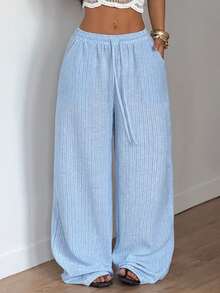 Coolane Women's Casual Striped Print Drawstring Waist Loose Wide Leg Pants, Suitable For Vacation, Daily Commute - Blue - View 5