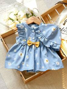 SHEIN Summer Newborn Baby Girl Apricot Round Neck Ruffle Cartoon Cherry Print Sleeveless Red Bow Dress With Red Hat Elegant And Cute - Baby Blue - View 3