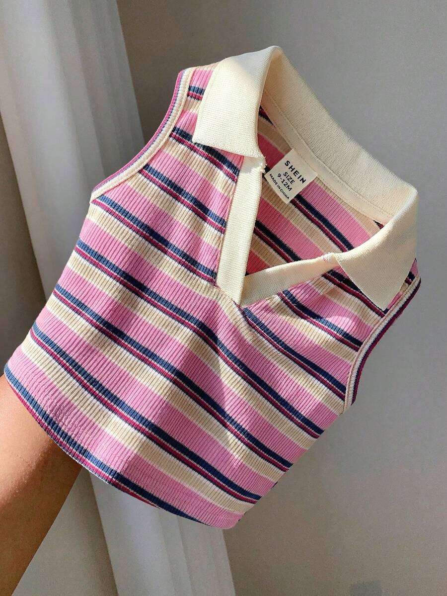 SHEIN Baby Girl Knitted Collared Striped Casual T-Shirt - Multicolor - View 1
