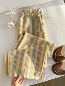 Comfortcana Quần nữ kẻ sọc, kiểu dáng thường ngày, thắt nút, đa năng. - Nhiều màu - Xem 5