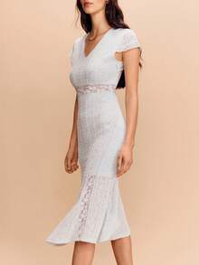 lacRébo Blue Textured Knit V Neck Midi Dress With Lace Insert Details Spring Summer Chic Spring Summer Vacation French Style Parisian Style Wedding Guest Dress - Blue - View 5