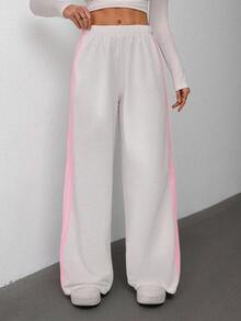 SHEIN Tall White Knit Side Contrast Pink Ribbon Loose Casual Women Sweatpants, Suitable For Spring/Summer - White - View 4