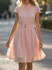 Balvessa Đầm dài ngang gối màu hồng cổ đứng, xếp ly eo, thắt dây, thanh lịch dành cho nữ. - Hồng - Xem 1