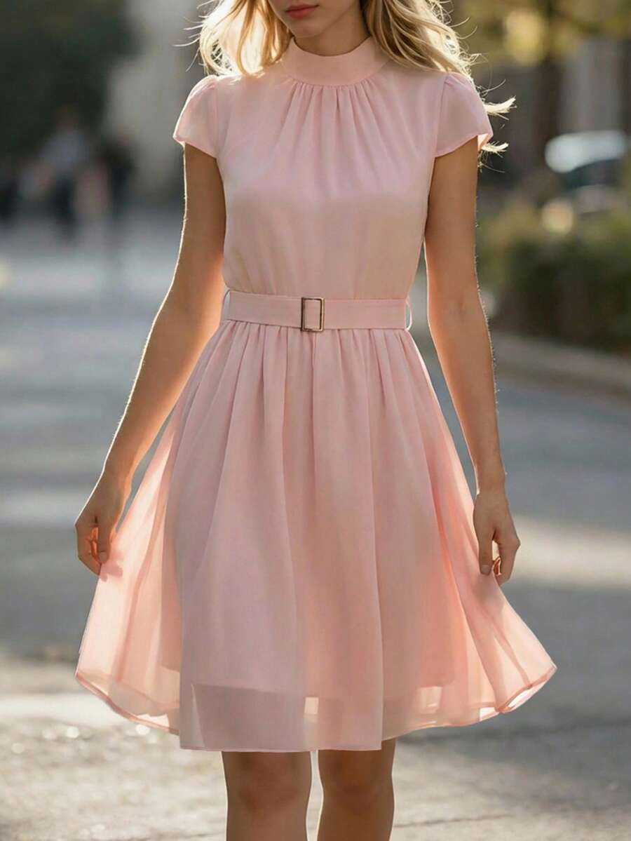 Balvessa Đầm dài ngang gối màu hồng cổ đứng, xếp ly eo, thắt dây, thanh lịch dành cho nữ. - Hồng - Xem 1