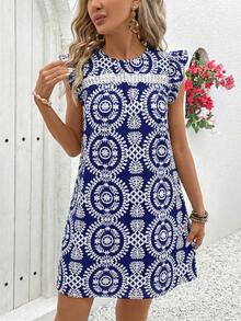 Vivid Eden 女士圆领短袖花卉蕾丝拼接A字休闲度假连衣裙 - 藏蓝色 - 查看 3