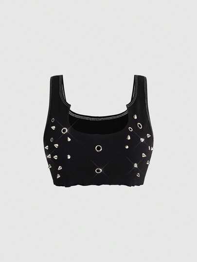 ROMWE Grunge Punk 音乐节朋克金属铆钉紧身露脐背心