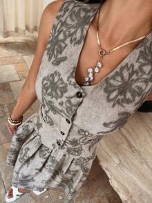 DAZY Conjunto de 2 piezas de chaleco casual con bolsillo y cuello en V con estampado floral y falda evasé para mujer, primavera/verano - Gris - Ver 5