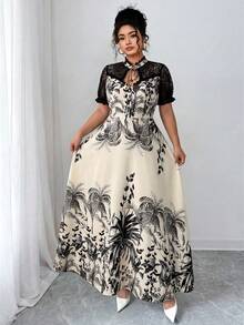Elenzga Plus Size Women's French Casual Elegant Printed Contrast Lace Short Sleeve Dress Plus Size Long Dress Plus Size Maxi Dress Short Sleeve Maxi Dress Women Maweii Plus Size Dress Hawaiian Print Maxi Dress Plus Size Summer Dress Tropical Print Maxi Dress Lace Insert Maxi Dress - Apricot - View 5