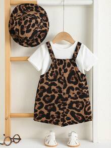 SHEIN 2pcs Baby Boy/Girl Summer Leopard Print Bib Overalls & Bucket Hat Set, Casual Outfit For Home, Outing, Beach - Multicolor - View 3