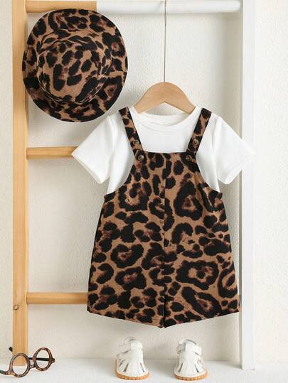SHEIN 2pcs Baby Boy/Girl Summer Leopard Print Bib Overalls & Bucket Hat Set, Casual Outfit For Home, Outing, Beach