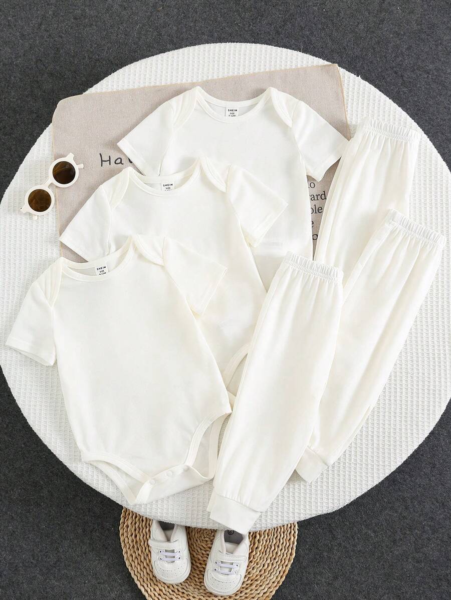 SHEIN 3件套男女通用婴儿幼儿新生儿套装,3件白色短袖连体衣和3条松紧腰裤,适合春、夏、秋、冬日常穿着,可叠穿。 - 白色 - 查看 1