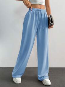 RueChic Pantalón ancho de cintura media para mujer - Celeste - Ver 5