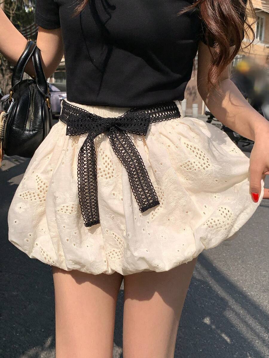 DAZY 女士蕾丝韩版休闲泡泡迷你裙 - 白色 - 查看 1