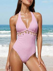 Bellisia Bộ đồ bơi đi biển mùa xuân/hè 26SS dành cho nữ, thanh lịch, lãng mạn, họa tiết hoa, phong cách boho bohemian, dây đeo vai mảnh có nơ thắt hình vỏ sò, cúp ngực rời, dây spaghetti và nơ cài cổ, thích hợp cho kỳ nghỉ biển. - Hồng - Xem 6