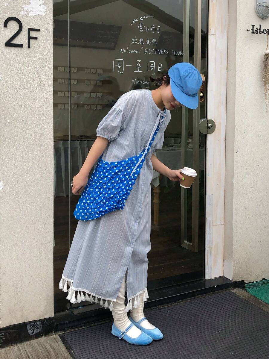 DAZY 女士复古条纹流苏衬衫裙，夏季宽松显瘦中长连衣裙 - 淺藍色 - 查看 1