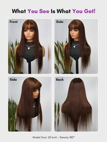 ALL READY WIG 戴上即走无胶真人发假发，即用即用假发，4# 巧克力棕色丝滑直发 100% 真人发蕾丝闭合假发，带飘逸刘海，4x4 预切蕾丝，预拔发际线，预漂白发结，度假装扮，旅行，节日，舞会，户外，角色扮演，校园，海滩，婚礼，露营，假日装扮，夏季装扮，Vacay Vibes 魅力，优雅休闲，Y2k 时尚风格，SS25 关键词 - S4 - 查看 4