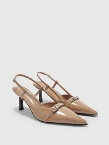 CUCCOO BIZCHIC Zapatos de mujer con tacón alto y sin respaldo, de cuero lacado de alta gama francés - Color del té con leche - Ver 7