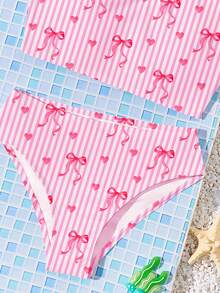 可爱少女亮粉色蝴蝶结爱心印花休闲简约泳装套装，适合夏季度假、水疗、游泳池、休闲假期、海岛度假村、海滩等场合。 - 彩色 - 查看 6