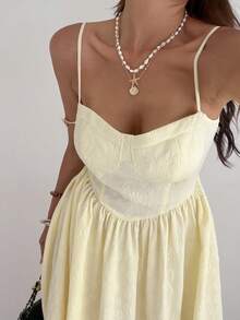 Rafferiza Tall 时尚百搭约会派对吊带喇叭连衣裙，秋冬女装 - 鵝黃色 - 查看 5
