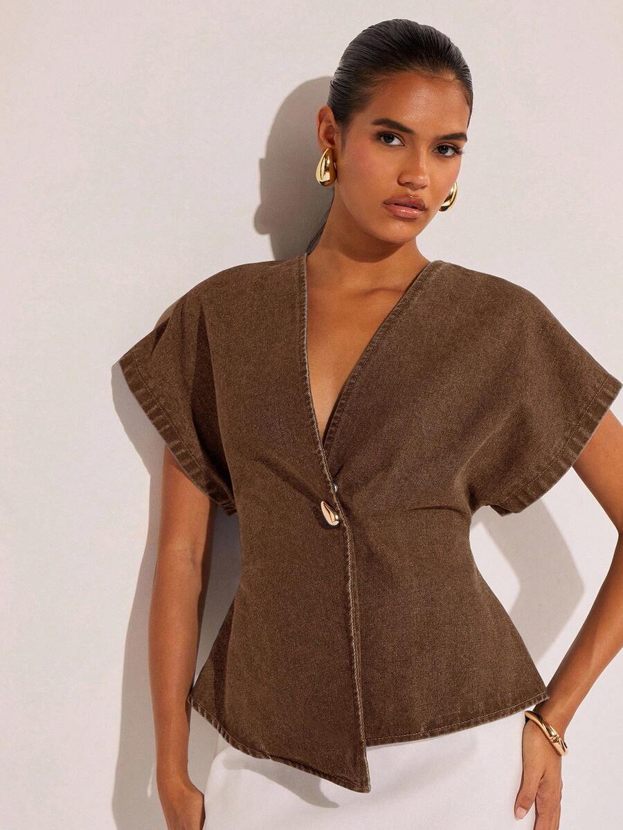 COSMINA 女士时尚通勤蝙蝠袖牛仔衬衫 - 棕色 - 查看 1