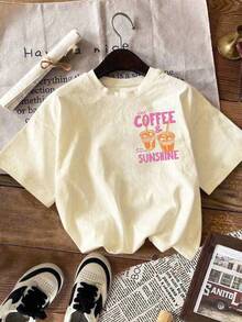 EMERY ROSE Iced Coffee And Sunshine Shirt, Iced Coffee Shirt, Coffee Lover Gifts, Summer Tshirt, Summer Vibes Shirt, Coffee TShirt - Apricot - View 3