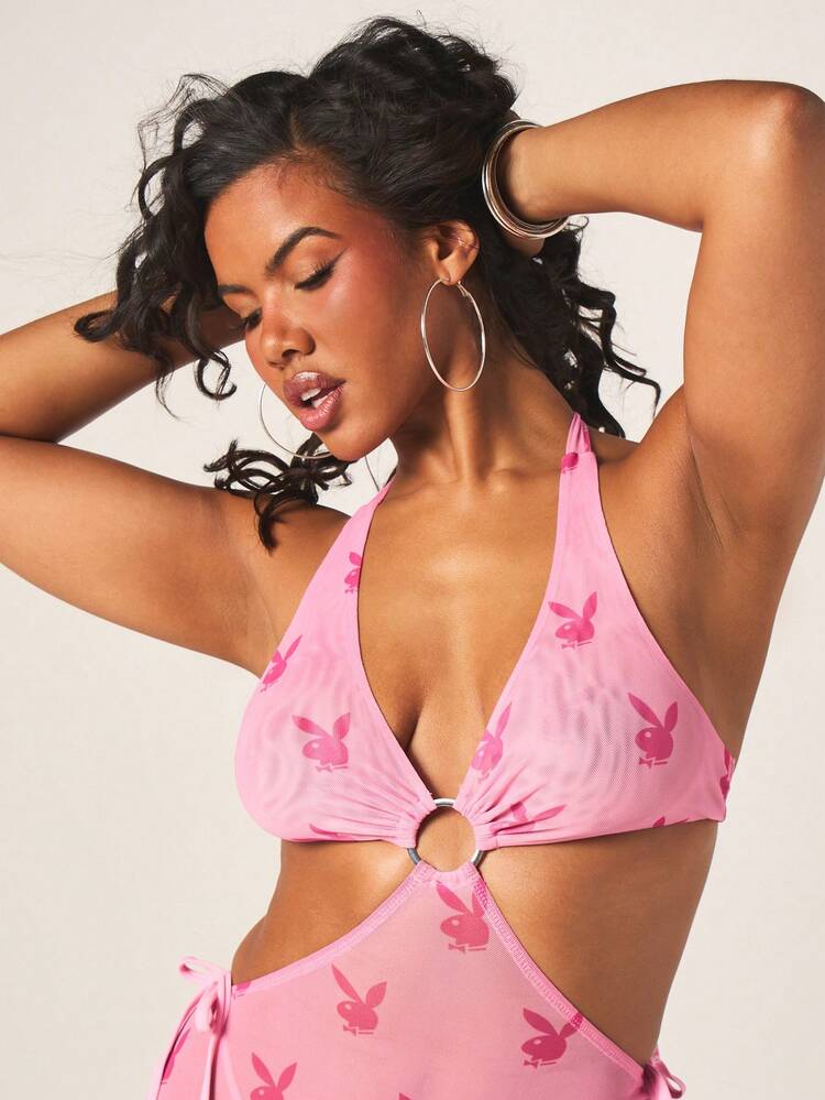 Missguided x Playboy Halterneck Cut Out Mini Beach Cover Up Dress With Bunny Print And Tie Details Summer Vacation Beachwear