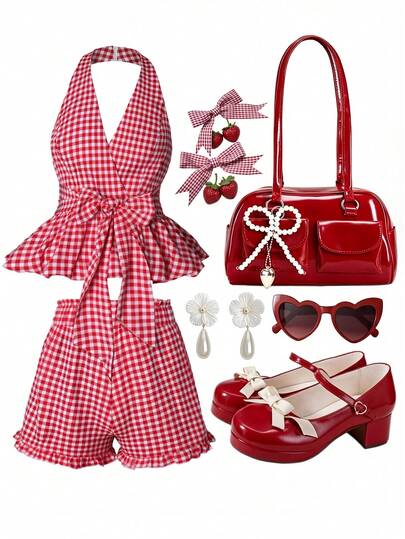 Qadelle Women's Plaid Print Halter Neck Ruffle Hem Tank Top And Shorts Vintage Casual 2-Piece Set