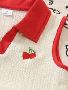 Elladie kids 两件套女童夏季新款杏色针织面料领口拼接爱心装饰背心上衣和牛仔短裙，裙摆饰有荷叶边和樱桃刺绣，复古可爱套装 - 彩色 - 查看 5