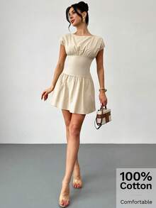 Firerie Đầm mini nữ thanh lịch, tối giản, tinh tế, trang nhã, phù hợp đi làm, dạo phố, thoải mái hàng ngày, đi nghỉ mát, đi biển, xếp ly eo, tay ngắn, dáng chữ A, màu mơ, chất liệu vải lanh, thích hợp cho mùa xuân/hè. - Màu be - Xem 10