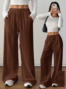 SHEIN PETITE 女士夏季乡村音乐会外出波西米亚海滩度假装扮基本款简约水洗100%纯棉白色弧形裤脚长裤，秋季女装 - 棕色 - 查看 5