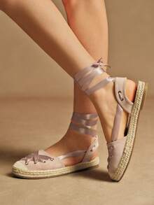 Rosivie 女士平底镂空系带芭蕾舞鞋款缎带编织草绳凉鞋，波西米亚风格，适合度假、日常、约会、海滩、旅行、休闲穿着 - 粉色 - 查看 4