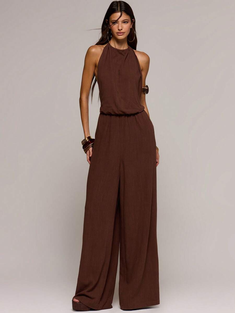 MUSERA Linen Feel Halterneck Loose Fit Wide Leg Jumpsuit Spring Summer Sexy Date Night Club Festival Holiday Night Out Vacation Spring Outfits Soul Ties - Brown - View 1