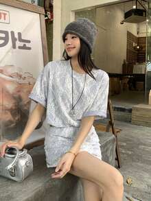 DAZY 女款蕾絲拼接白色迷你裙，高腰百搭夏季兩件套居家休閒短套裝，適合學校穿著 - 灰色 - 查看 6