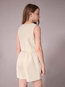 Tween Girl Casual Elegant Commute Street Fashion Textured Button Front V-Neck Sleeveless Top And Straight Leg Shorts Set, Khaki Beige Elegant Color - Beige - View 2