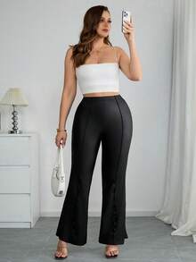 SHEIN Tall CURVE 大码纯色简约休闲裤 - 黑色 - 查看 5