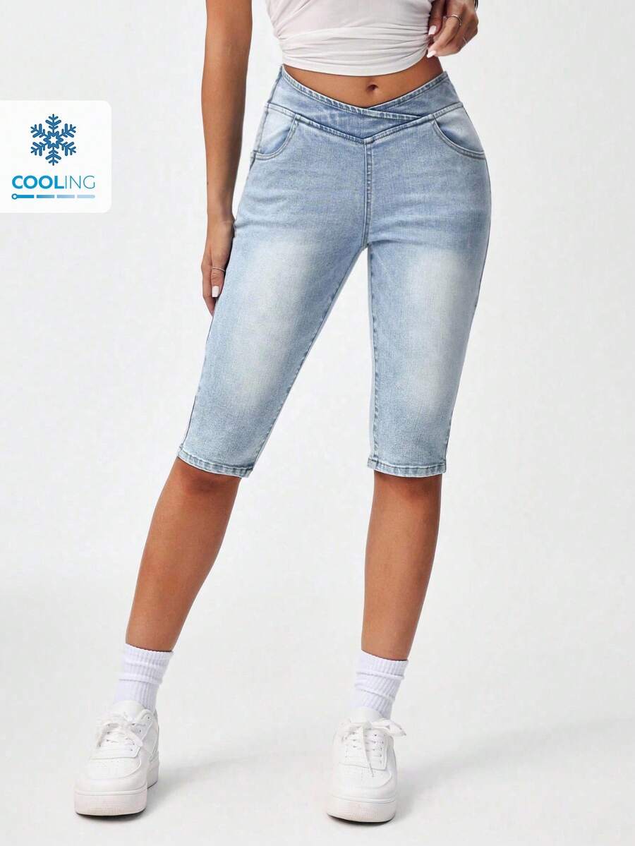 Flexra Quần Jeans Skinny Croptop Túi Eo Bất Đối Xứng Cho Nữ - Màu xanh lam - Xem 1
