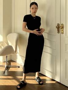 Dazy Tall 高个女式圆领短袖修身性感休闲优雅长裙 - 黑色 - 查看 8