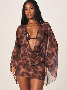 MISSGUIDED Sheer Mesh Leopard Print Long Sleeve Cowl Neck Mini Dress With Flowing Drape Design - Coffee Brown - View 6