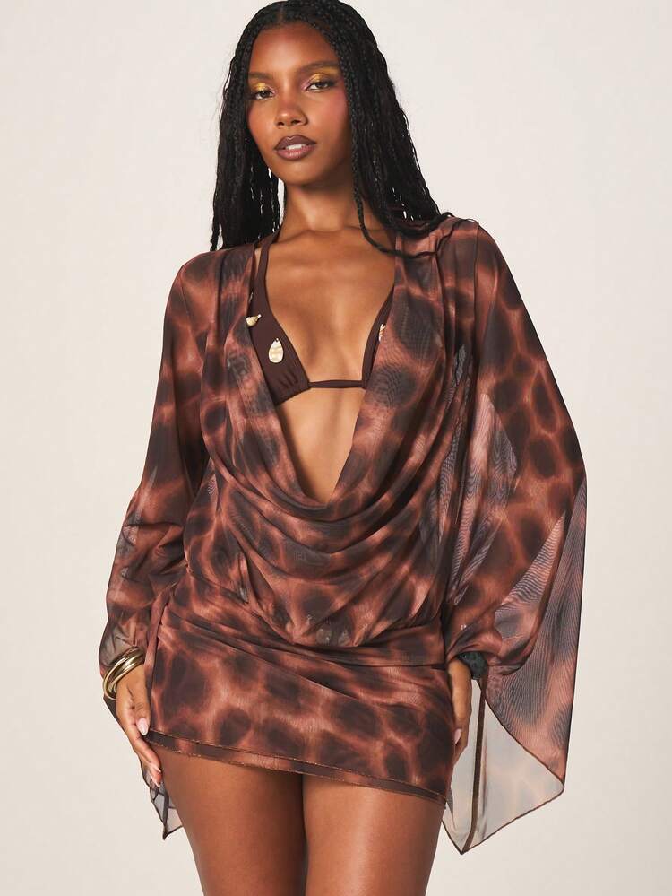 MISSGUIDED Sheer Mesh Leopard Print Long Sleeve Cowl Neck Mini Dress With Flowing Drape Design