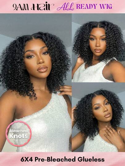ALL READY WIG 6x4 Glueless Closure Wig Kinky Curly Real Human Hair Pre Bleached Pre Plucked Pre-Cut Lace Melting Lace By 9AM HAIR