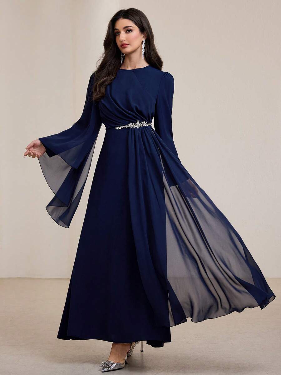 Graceveil 女士纯色圆领长袖拼接网眼优雅连衣裙 - 藍色 - 查看 1