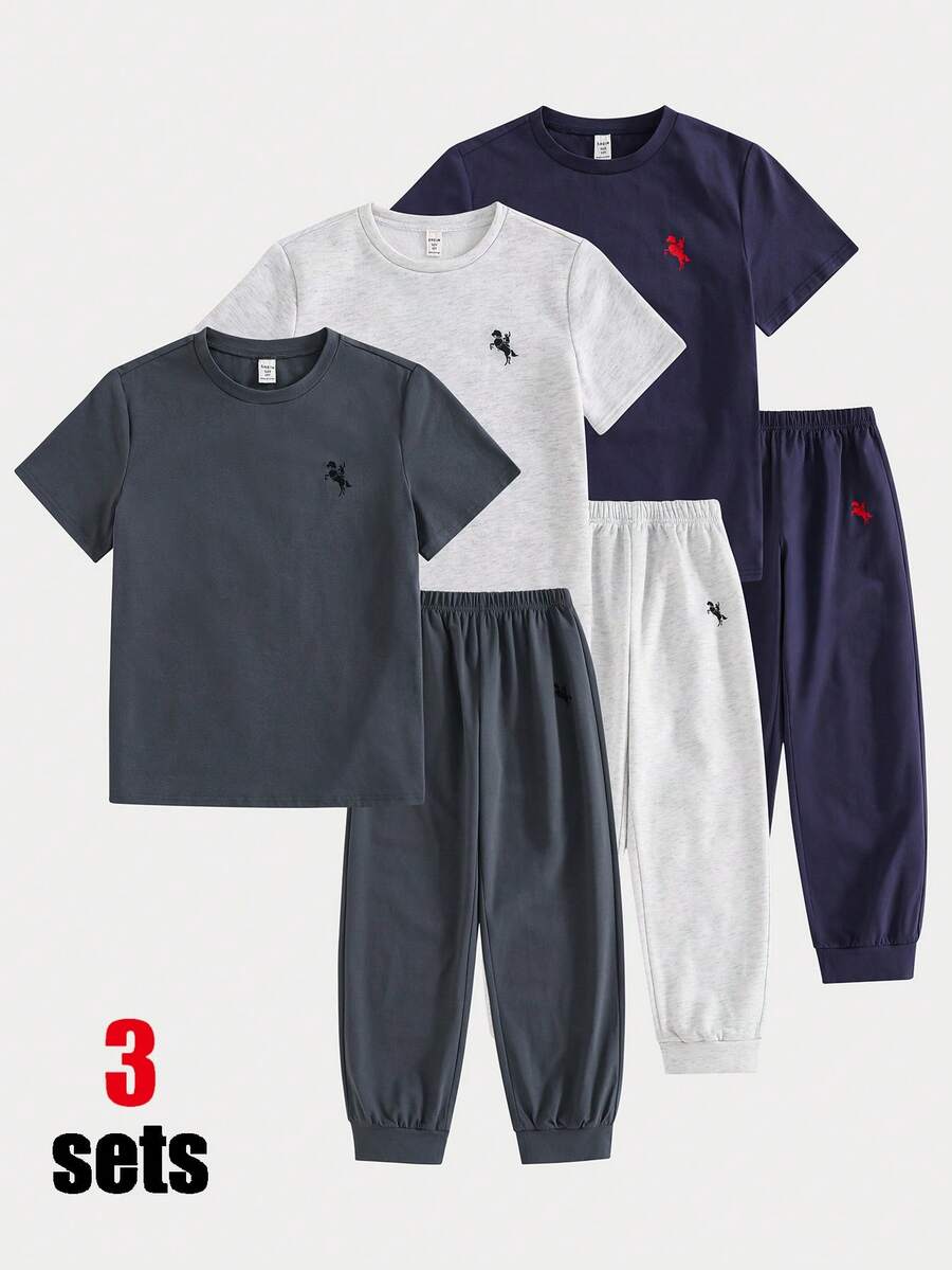 SHEIN 6件套儿童/青少年男童休闲日常舒适印花圆领宽松短袖T恤和长裤针织套装，3种款式各一件