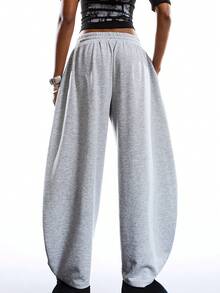 LYSMO 女士字母印花抽绳腰斜插口袋阔腿运动裤 - 淺灰色 - 查看 2