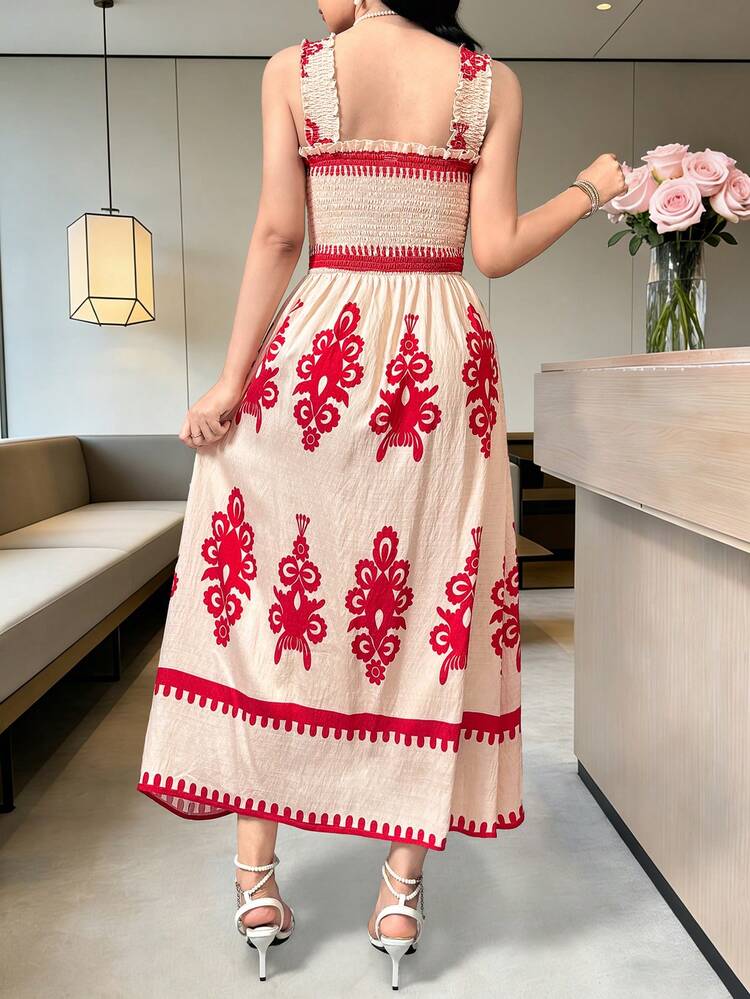Women's Elegant Floral Print Sleeveless Mid-Length Dress, Summer Wedding Guest Dress Sundress Boho